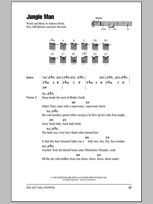 Download Red Hot Chili Peppers Jungle Man Sheet Music and learn how to play Lyrics & Chords PDF digital score in minutes