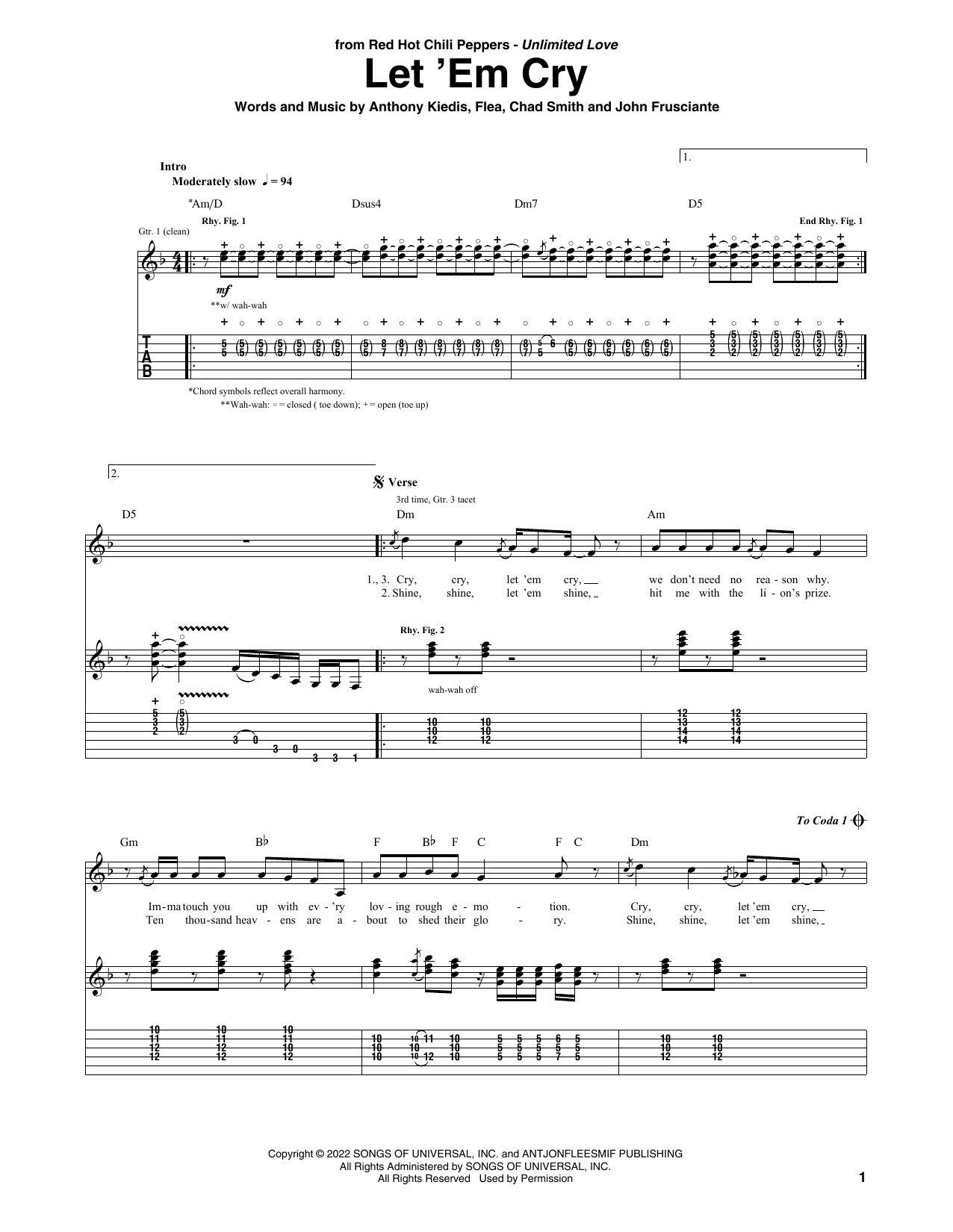 Download Red Hot Chili Peppers Let 'Em Cry Sheet Music and learn how to play Bass Guitar Tab PDF digital score in minutes