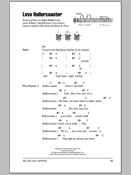 Download Red Hot Chili Peppers Love Rollercoaster Sheet Music and learn how to play Lyrics & Chords PDF digital score in minutes
