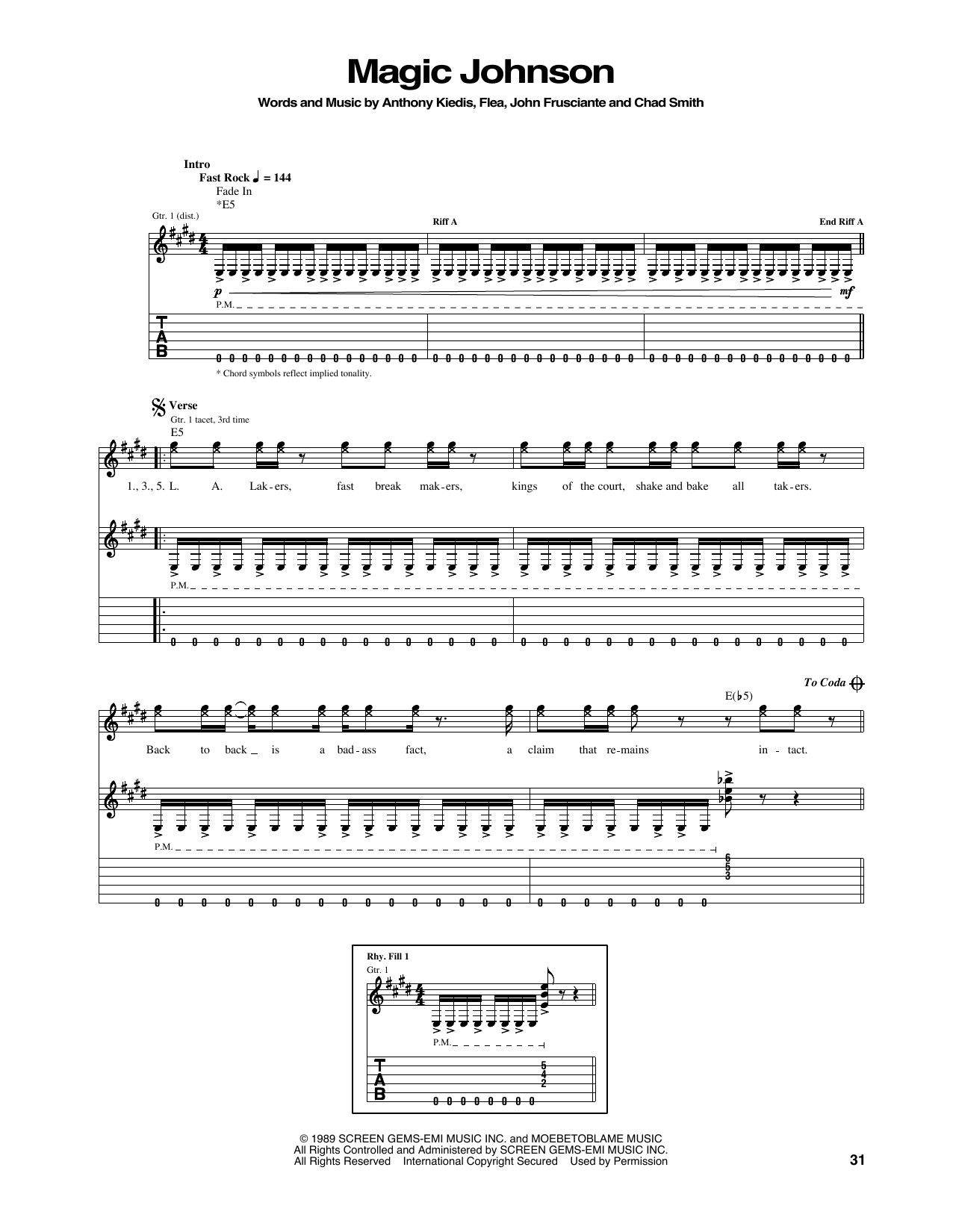 Download Red Hot Chili Peppers Magic Johnson Sheet Music and learn how to play Guitar Tab PDF digital score in minutes