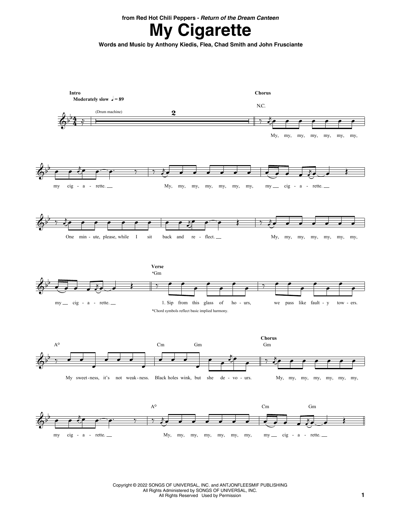 Download Red Hot Chili Peppers My Cigarette Sheet Music and learn how to play Guitar Tab PDF digital score in minutes