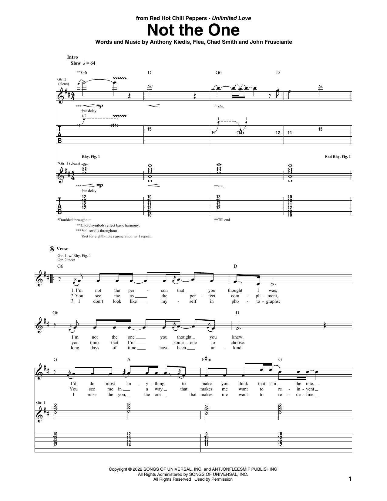 Download Red Hot Chili Peppers Not The One Sheet Music and learn how to play Bass Guitar Tab PDF digital score in minutes