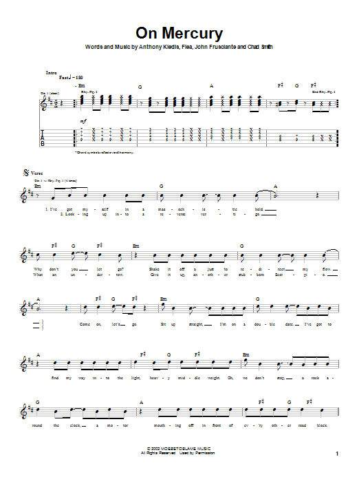 Download Red Hot Chili Peppers On Mercury Sheet Music and learn how to play Guitar Tab PDF digital score in minutes
