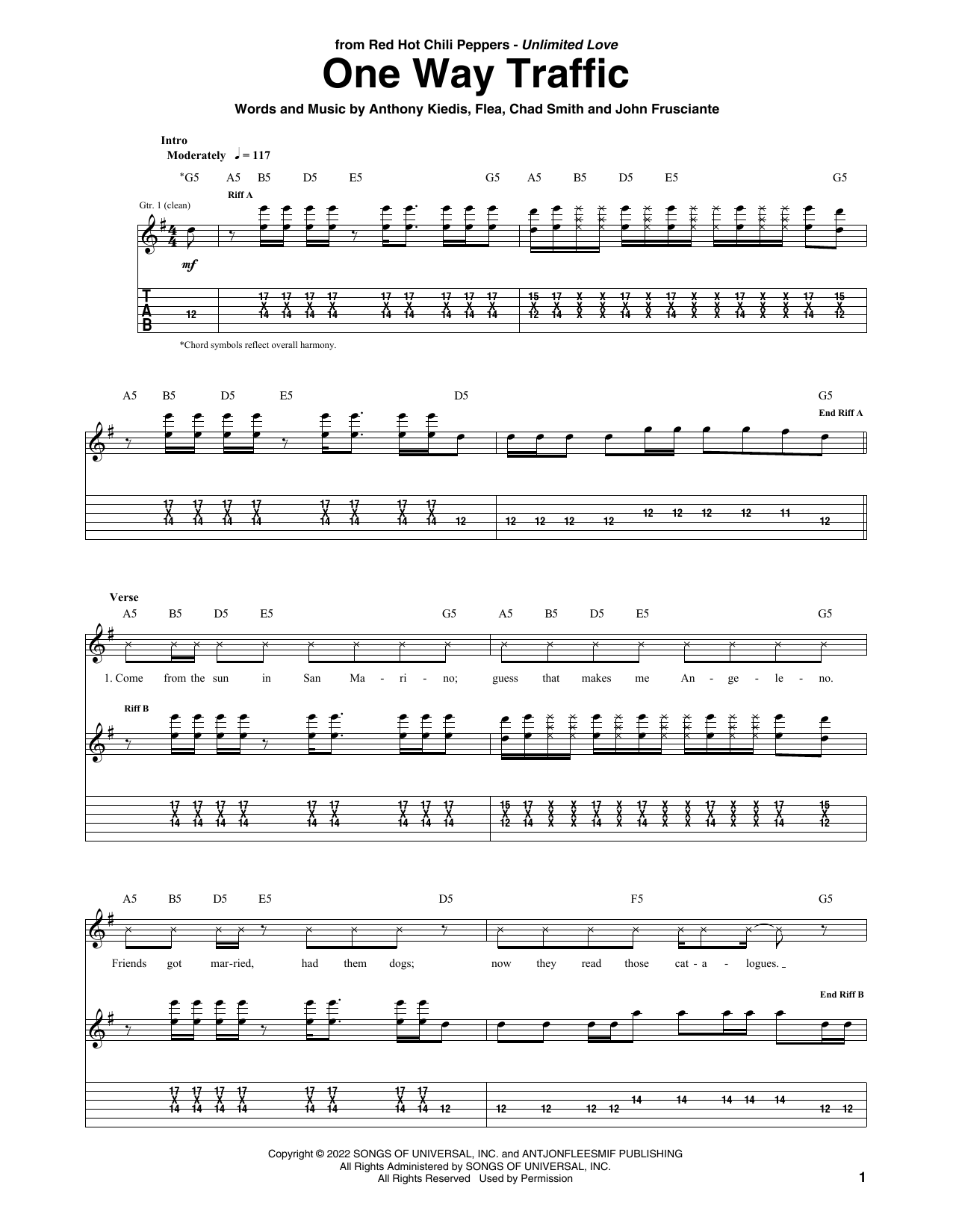 Download Red Hot Chili Peppers One Way Traffic Sheet Music and learn how to play Bass Guitar Tab PDF digital score in minutes