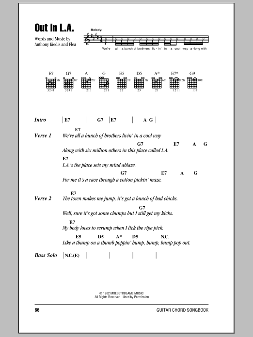 Download Red Hot Chili Peppers Out In L.A. Sheet Music and learn how to play Lyrics & Chords PDF digital score in minutes