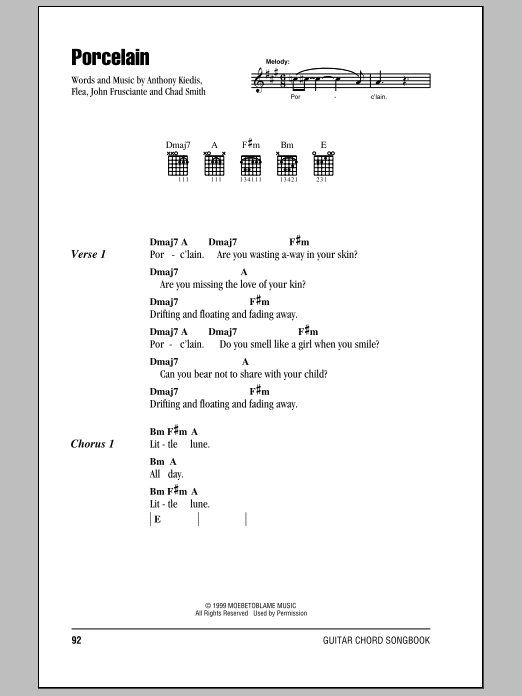 Download Red Hot Chili Peppers Porcelain Sheet Music and learn how to play Bass Guitar Tab PDF digital score in minutes
