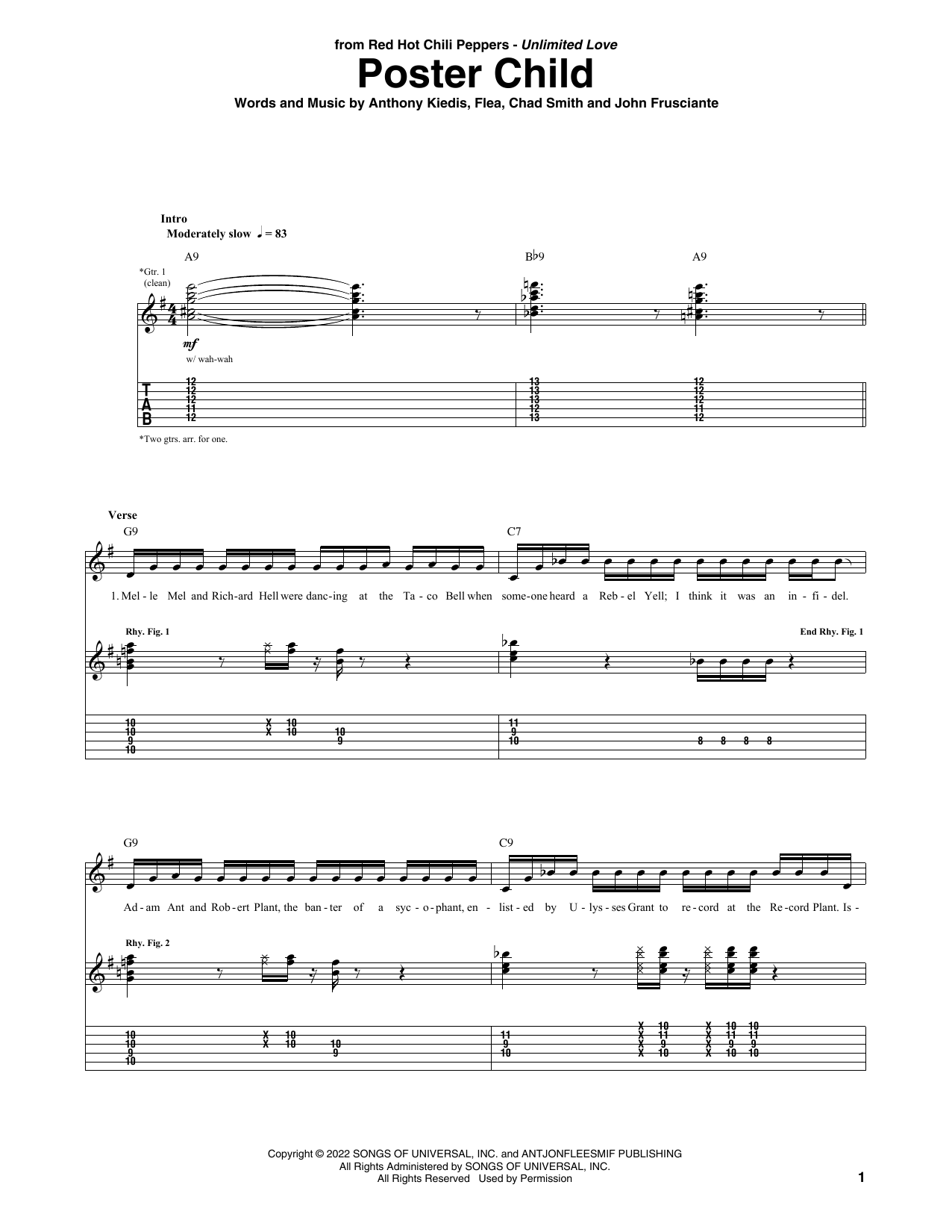 Download Red Hot Chili Peppers Poster Child Sheet Music and learn how to play Bass Guitar Tab PDF digital score in minutes