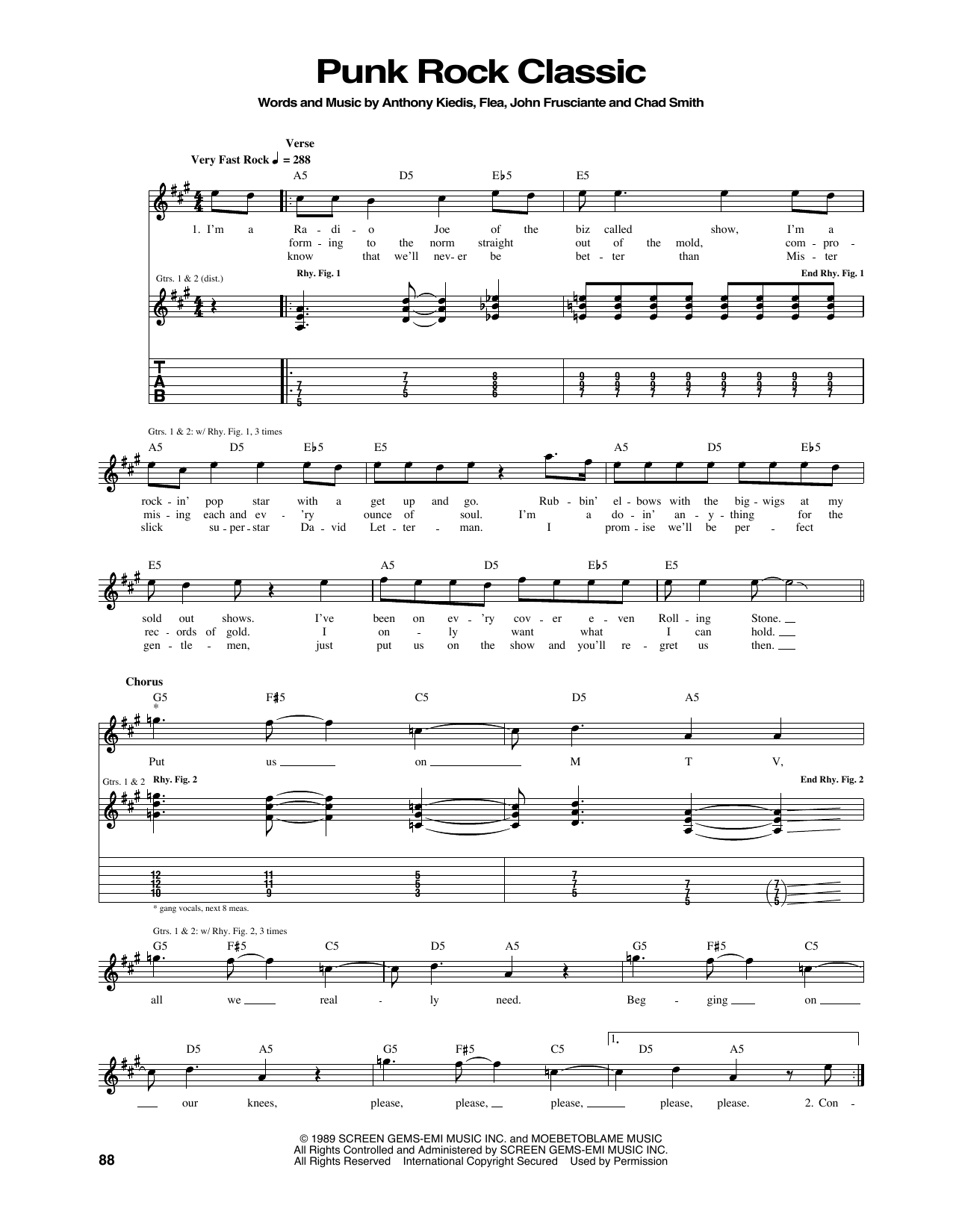 Download Red Hot Chili Peppers Punk Rock Classic Sheet Music and learn how to play Guitar Tab PDF digital score in minutes