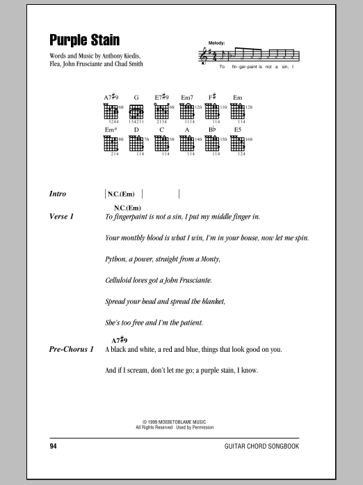 Download Red Hot Chili Peppers Purple Stain Sheet Music and learn how to play Bass Guitar Tab PDF digital score in minutes
