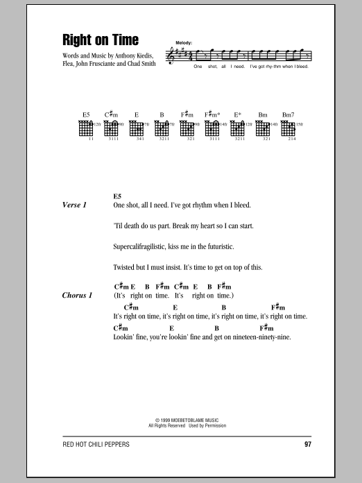 Download Red Hot Chili Peppers Right On Time Sheet Music and learn how to play Drums Transcription PDF digital score in minutes