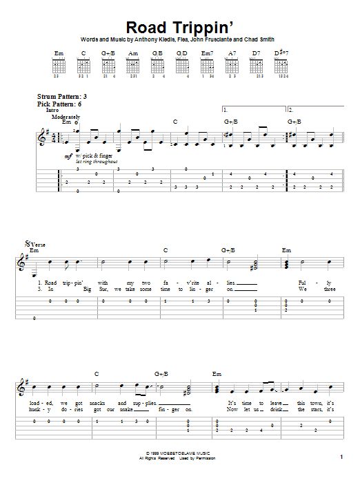 Download Red Hot Chili Peppers Road Trippin' Sheet Music and learn how to play Easy Guitar Tab PDF digital score in minutes