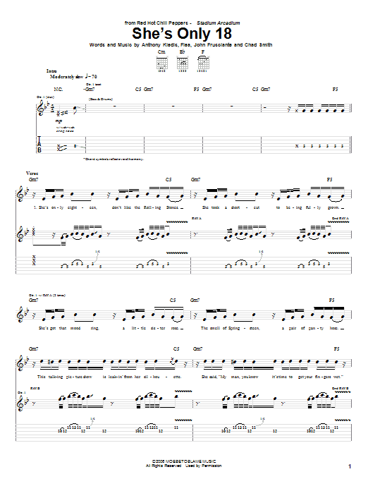 Download Red Hot Chili Peppers She's Only 18 Sheet Music and learn how to play Bass Guitar Tab PDF digital score in minutes