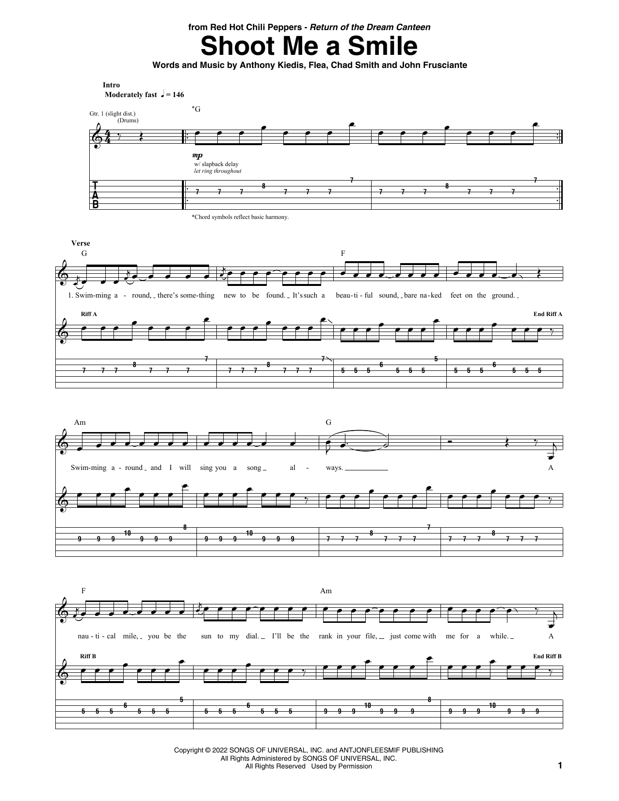 Download Red Hot Chili Peppers Shoot Me A Smile Sheet Music and learn how to play Guitar Tab PDF digital score in minutes