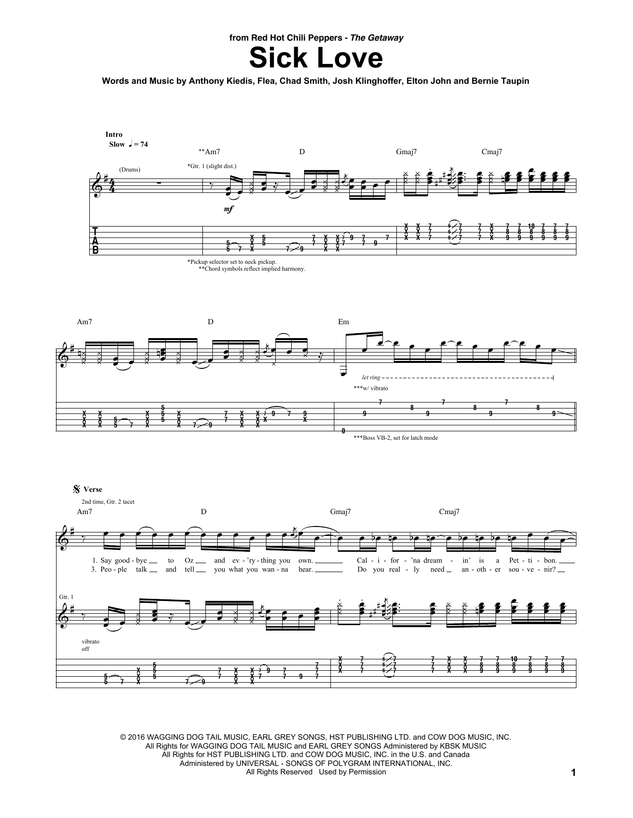 Download Red Hot Chili Peppers Sick Love Sheet Music and learn how to play Guitar Tab PDF digital score in minutes