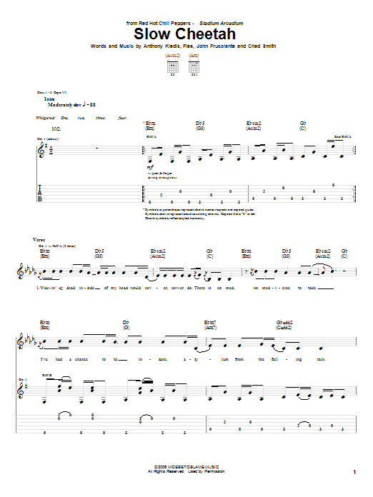 Download Red Hot Chili Peppers Slow Cheetah Sheet Music and learn how to play Bass Guitar Tab PDF digital score in minutes