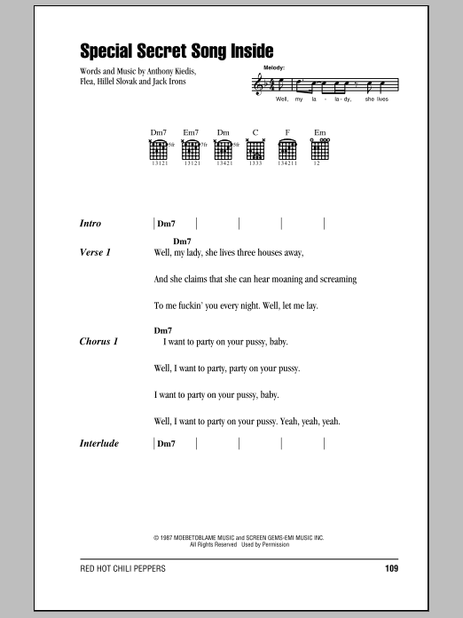 Download Red Hot Chili Peppers Special Secret Song Inside Sheet Music and learn how to play Lyrics & Chords PDF digital score in minutes
