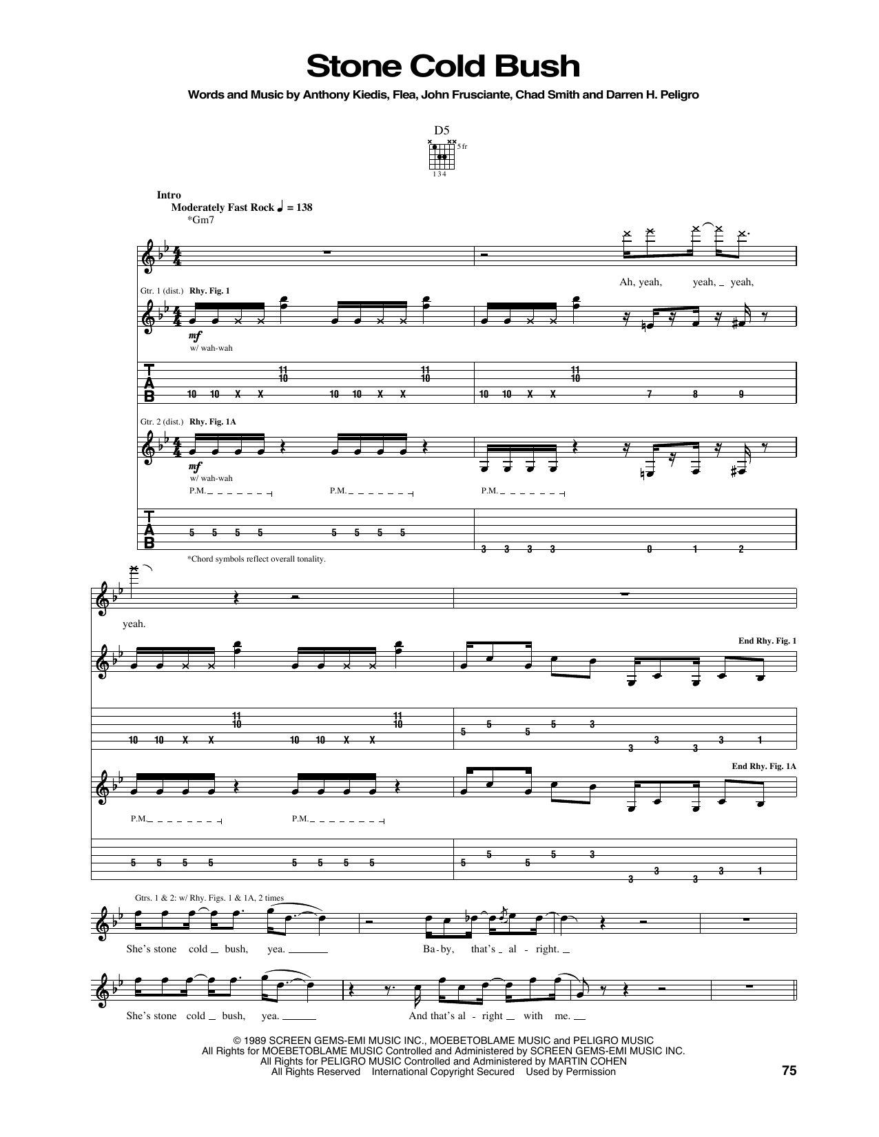 Download Red Hot Chili Peppers Stone Cold Bush Sheet Music and learn how to play Guitar Tab PDF digital score in minutes