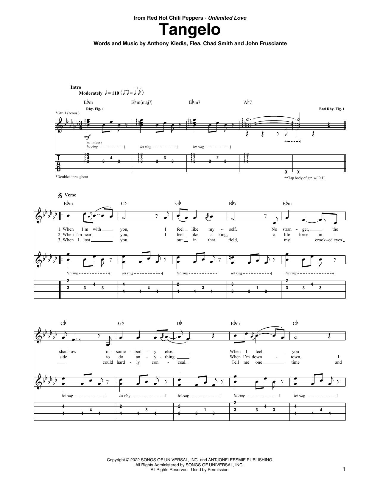 Download Red Hot Chili Peppers Tangelo Sheet Music and learn how to play Bass Guitar Tab PDF digital score in minutes