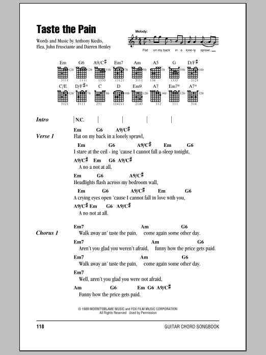 Download Red Hot Chili Peppers Taste The Pain Sheet Music and learn how to play Lyrics & Chords PDF digital score in minutes