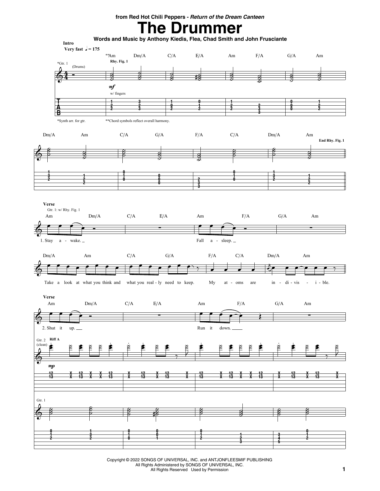 Download Red Hot Chili Peppers The Drummer Sheet Music and learn how to play Guitar Tab PDF digital score in minutes