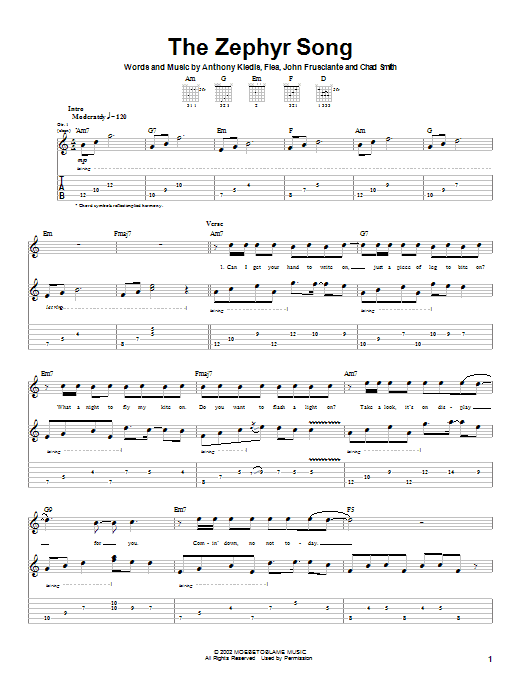 Download Red Hot Chili Peppers The Zephyr Song Sheet Music and learn how to play Guitar Tab (Single Guitar) PDF digital score in minutes