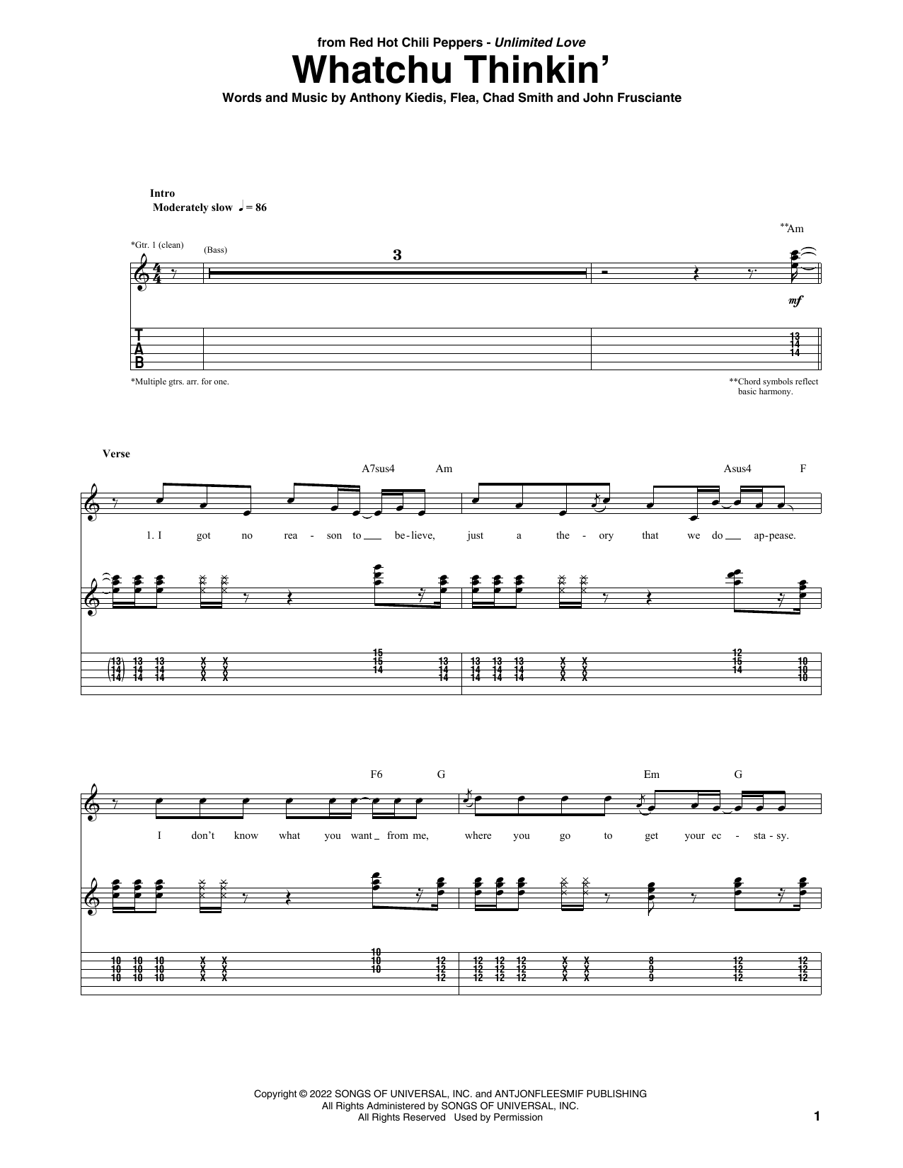 Download Red Hot Chili Peppers Whatchu Thinkin' Sheet Music and learn how to play Bass Guitar Tab PDF digital score in minutes