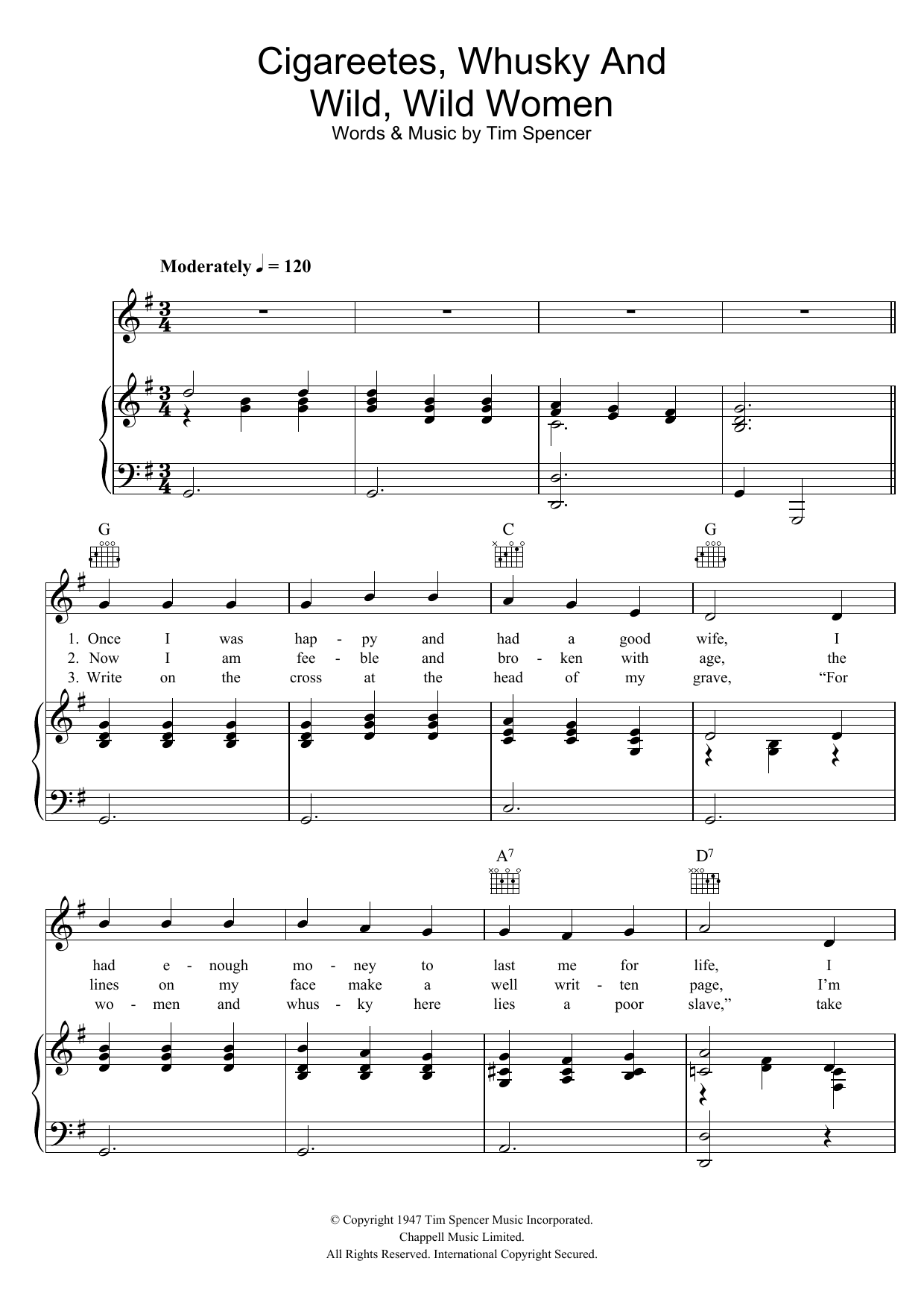 Download Red Ingles Cigareets, Whusky And Wild Wild Women Sheet Music and learn how to play Piano, Vocal & Guitar (Right-Hand Melody) PDF digital score in minutes