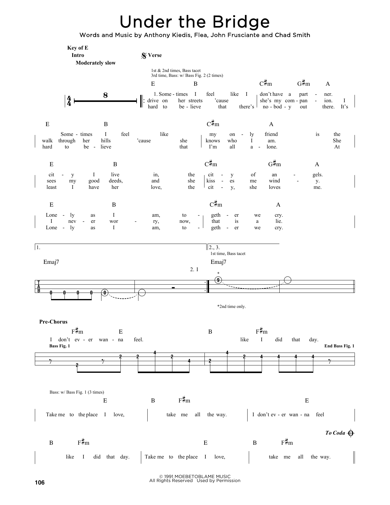 Bemyndigelse stole Narabar Red Hot Chili Peppers "Under The Bridge" Sheet Music Notes | Download  Printable PDF Score 27696