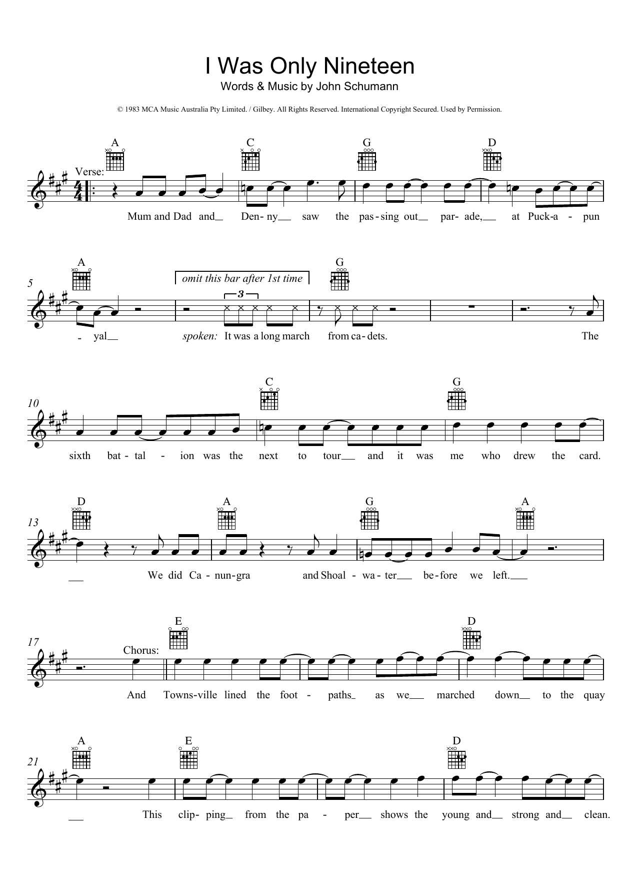 Download Redgum I Was Only Nineteen Sheet Music and learn how to play Melody Line, Lyrics & Chords PDF digital score in minutes
