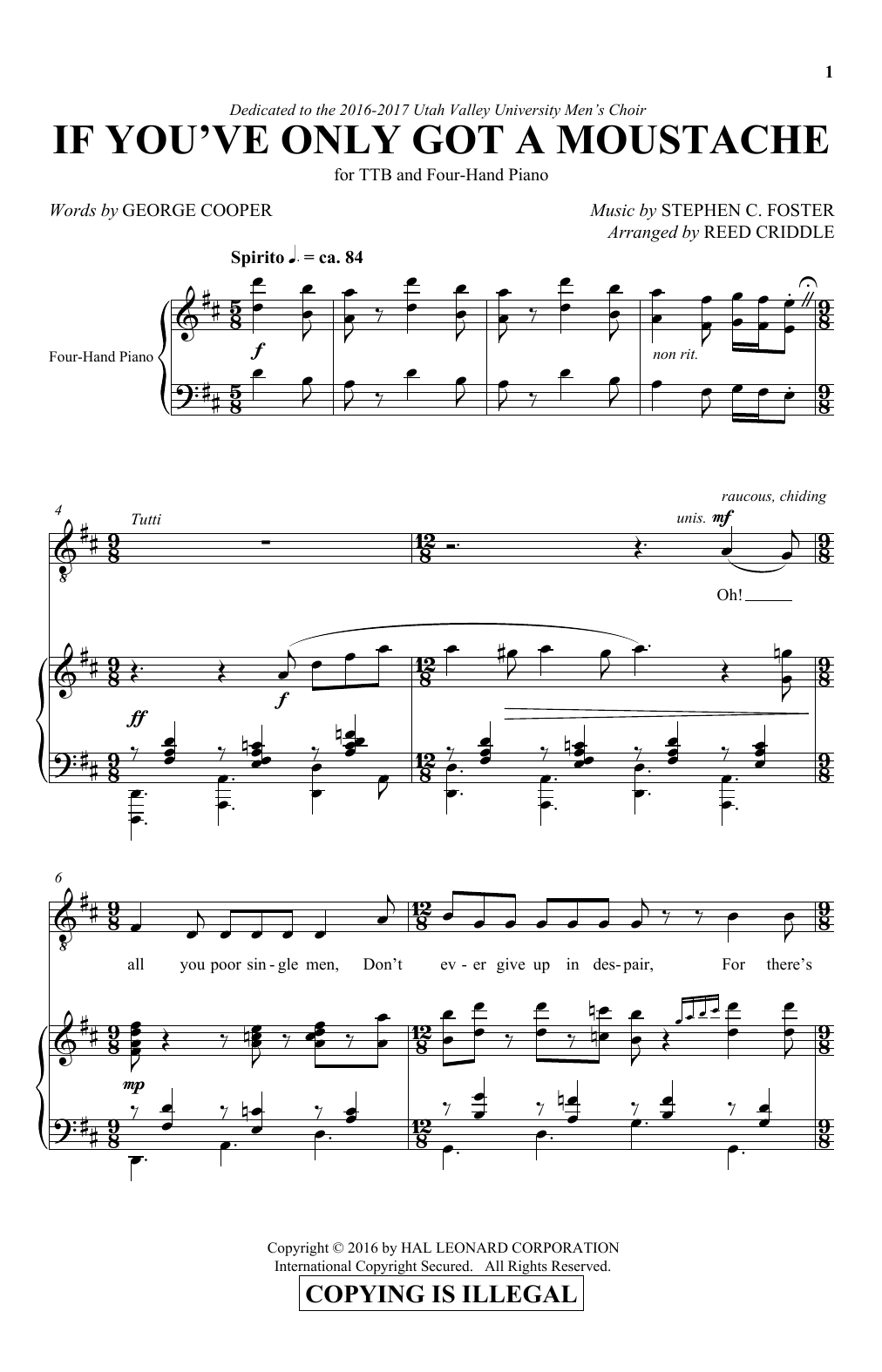 Download Stephen Foster If You've Only Got A Moustache (arr. Reed Criddle) Sheet Music and learn how to play TTBB PDF digital score in minutes