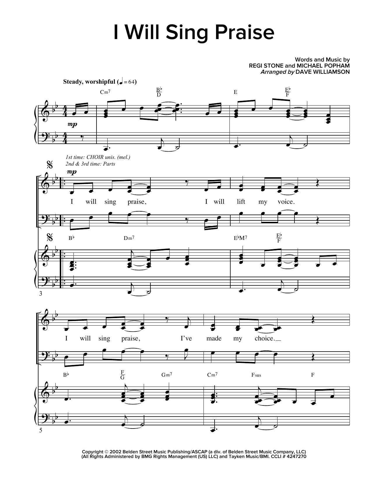 Download Regi Stone I Will Sing Praise (arr. Dave Williamson) Sheet Music and learn how to play SATB PDF digital score in minutes