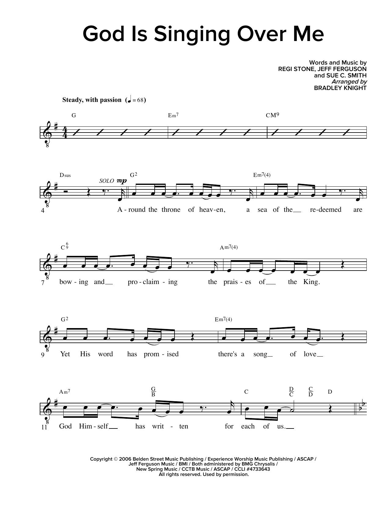 Download Regi Stone, Jeff Ferguson and Sue C. Smith God Is Singing Over Me (arr. Bradley Knight) Sheet Music and learn how to play Lead Sheet / Fake Book PDF digital score in minutes