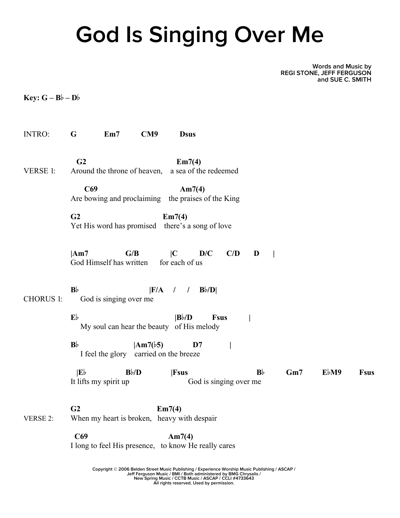 Download Regi Stone, Jeff Ferguson and Sue C. Smith God Is Singing Over Me Sheet Music and learn how to play Guitar Chords/Lyrics PDF digital score in minutes