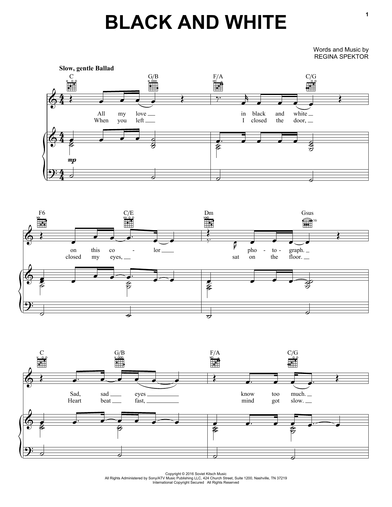 Download Regina Spektor Black And White Sheet Music and learn how to play Piano, Vocal & Guitar Chords (Right-Hand Melody) PDF digital score in minutes