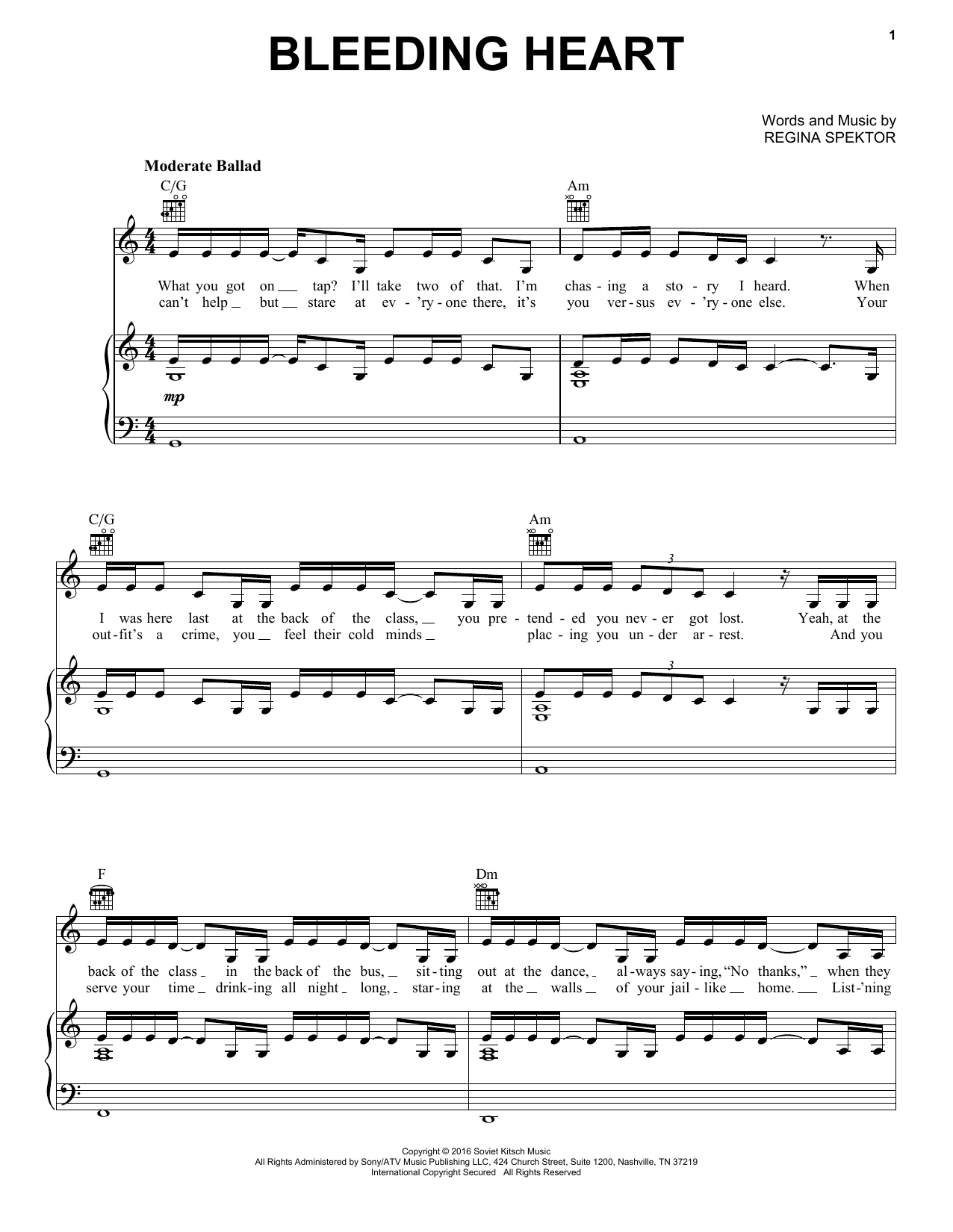 Download Regina Spektor Bleeding Heart Sheet Music and learn how to play Piano, Vocal & Guitar Chords (Right-Hand Melody) PDF digital score in minutes