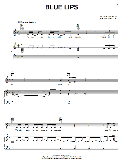 Download Regina Spektor Blue Lips Sheet Music and learn how to play Piano, Vocal & Guitar (Right-Hand Melody) PDF digital score in minutes