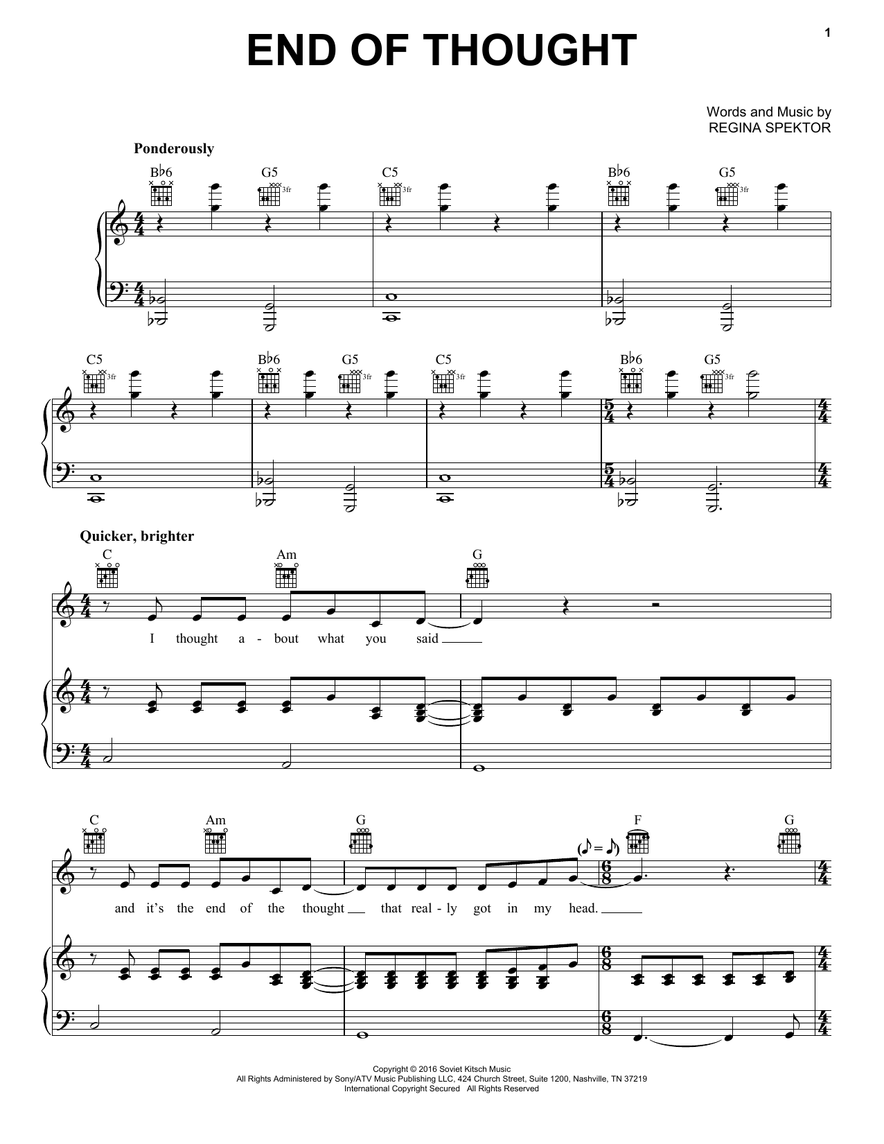 Download Regina Spektor End Of Thought Sheet Music and learn how to play Piano, Vocal & Guitar Chords (Right-Hand Melody) PDF digital score in minutes