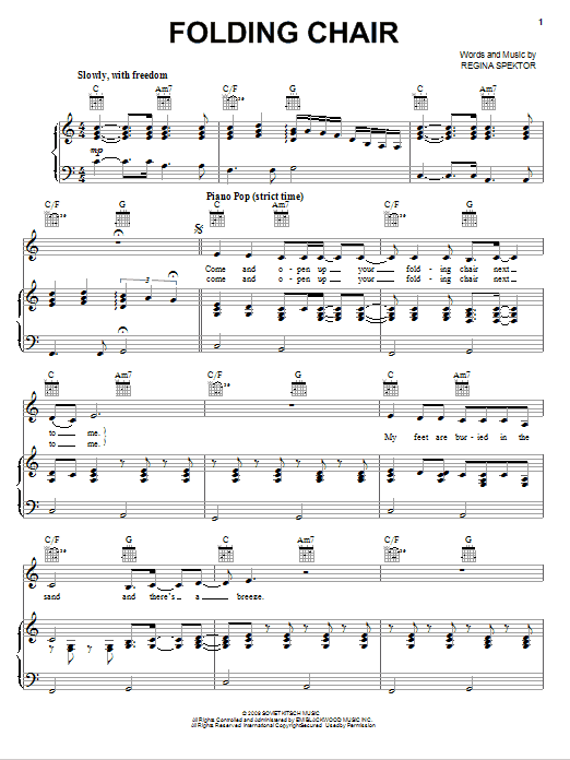 Download Regina Spektor Folding Chair Sheet Music and learn how to play Piano, Vocal & Guitar (Right-Hand Melody) PDF digital score in minutes