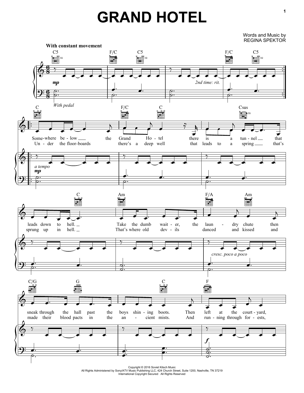 Download Regina Spektor Grand Hotel Sheet Music and learn how to play Piano & Vocal PDF digital score in minutes