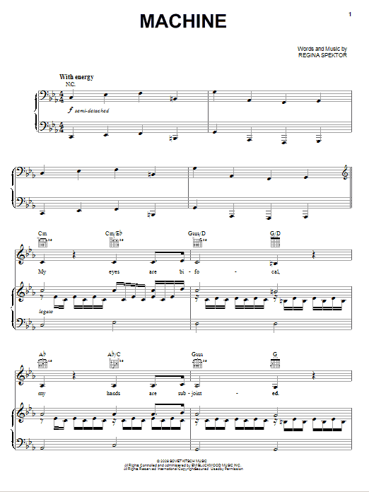 Download Regina Spektor Machine Sheet Music and learn how to play Piano, Vocal & Guitar (Right-Hand Melody) PDF digital score in minutes