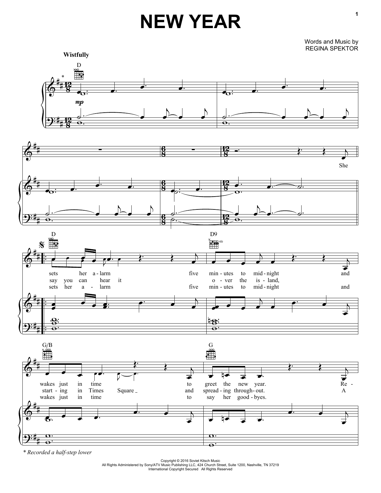 Download Regina Spektor New Year Sheet Music and learn how to play Piano, Vocal & Guitar Chords (Right-Hand Melody) PDF digital score in minutes