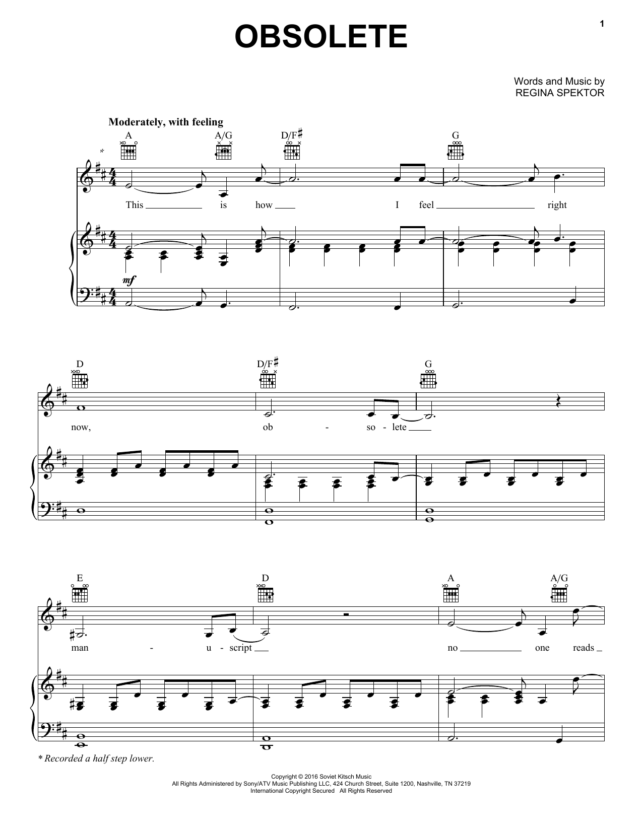 Download Regina Spektor Obsolete Sheet Music and learn how to play Piano, Vocal & Guitar Chords (Right-Hand Melody) PDF digital score in minutes