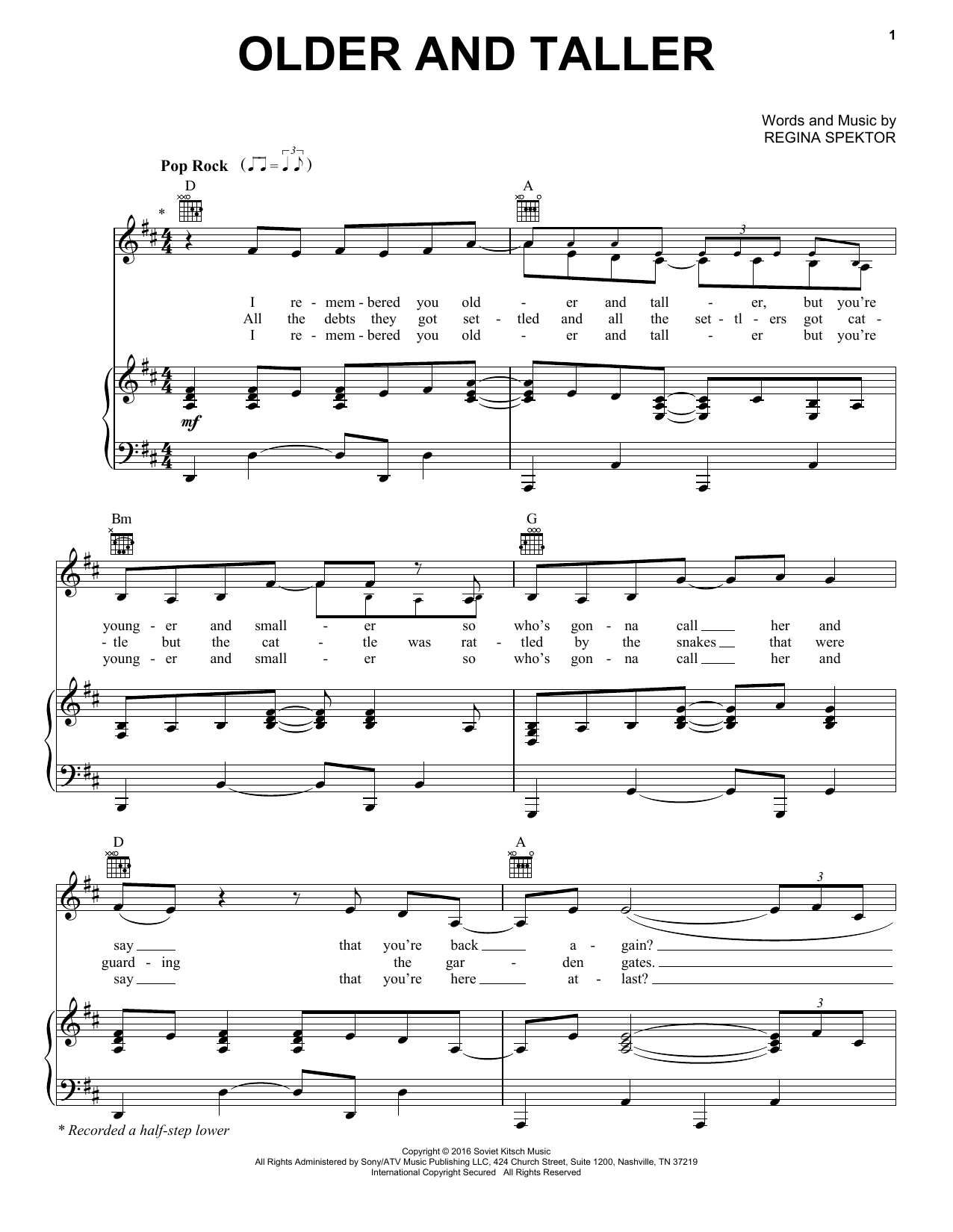 Download Regina Spektor Older And Taller Sheet Music and learn how to play Piano, Vocal & Guitar Chords (Right-Hand Melody) PDF digital score in minutes