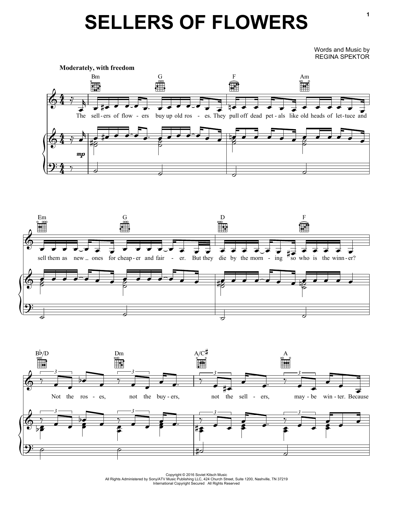 Download Regina Spektor Sellers Of Flowers Sheet Music and learn how to play Piano, Vocal & Guitar Chords (Right-Hand Melody) PDF digital score in minutes