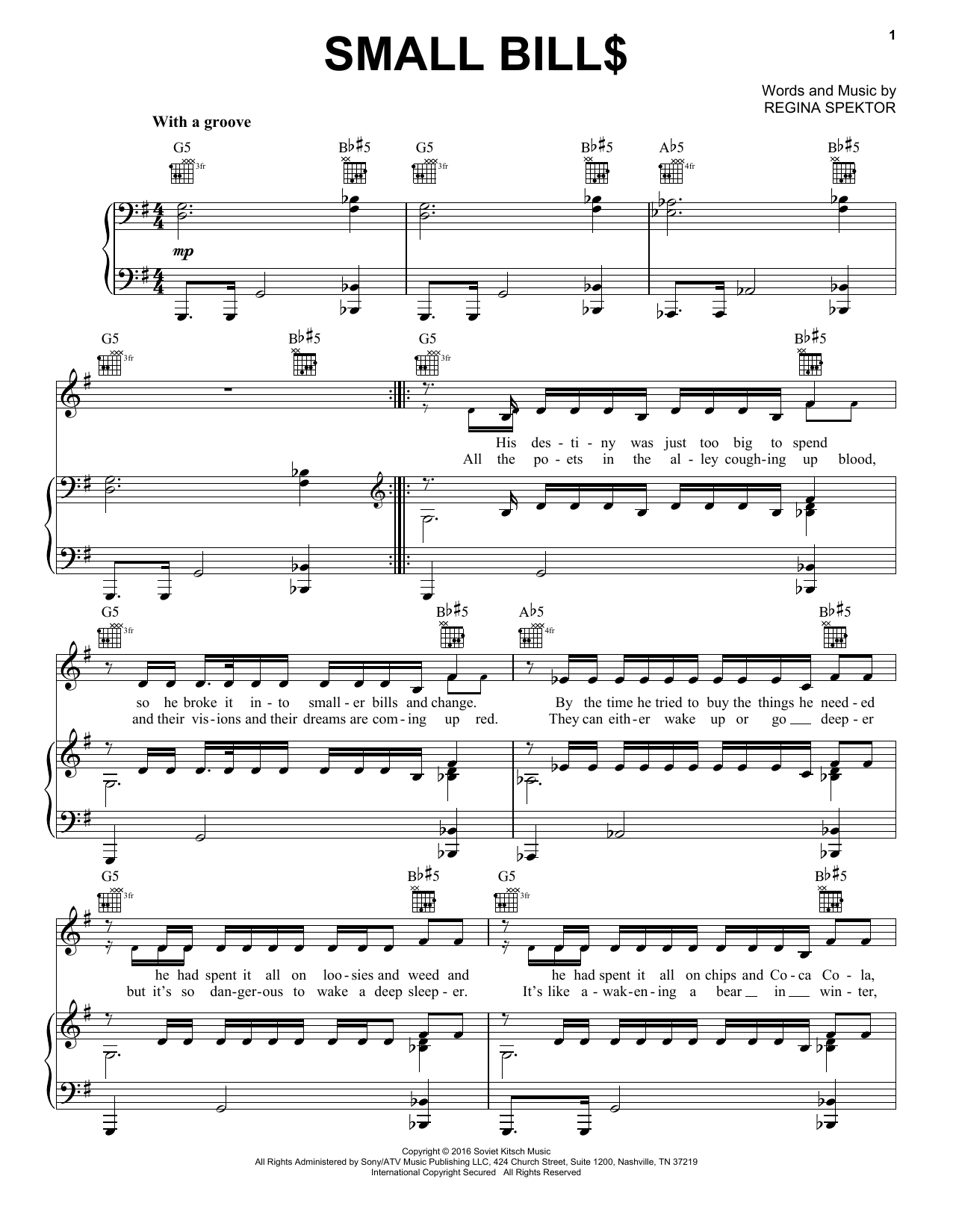 Download Regina Spektor Small Bill$ Sheet Music and learn how to play Piano, Vocal & Guitar Chords (Right-Hand Melody) PDF digital score in minutes
