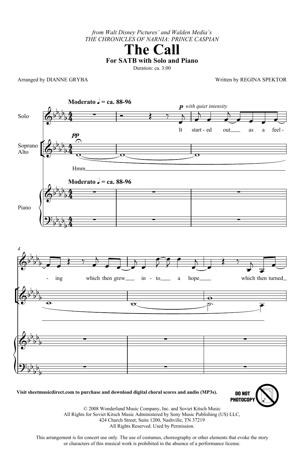 Download Regina Spektor The Call (from The Chronicles Of Narnia: Prince Caspian) (arr. Dianne Gryba) Sheet Music and learn how to play SATB Choir PDF digital score in minutes