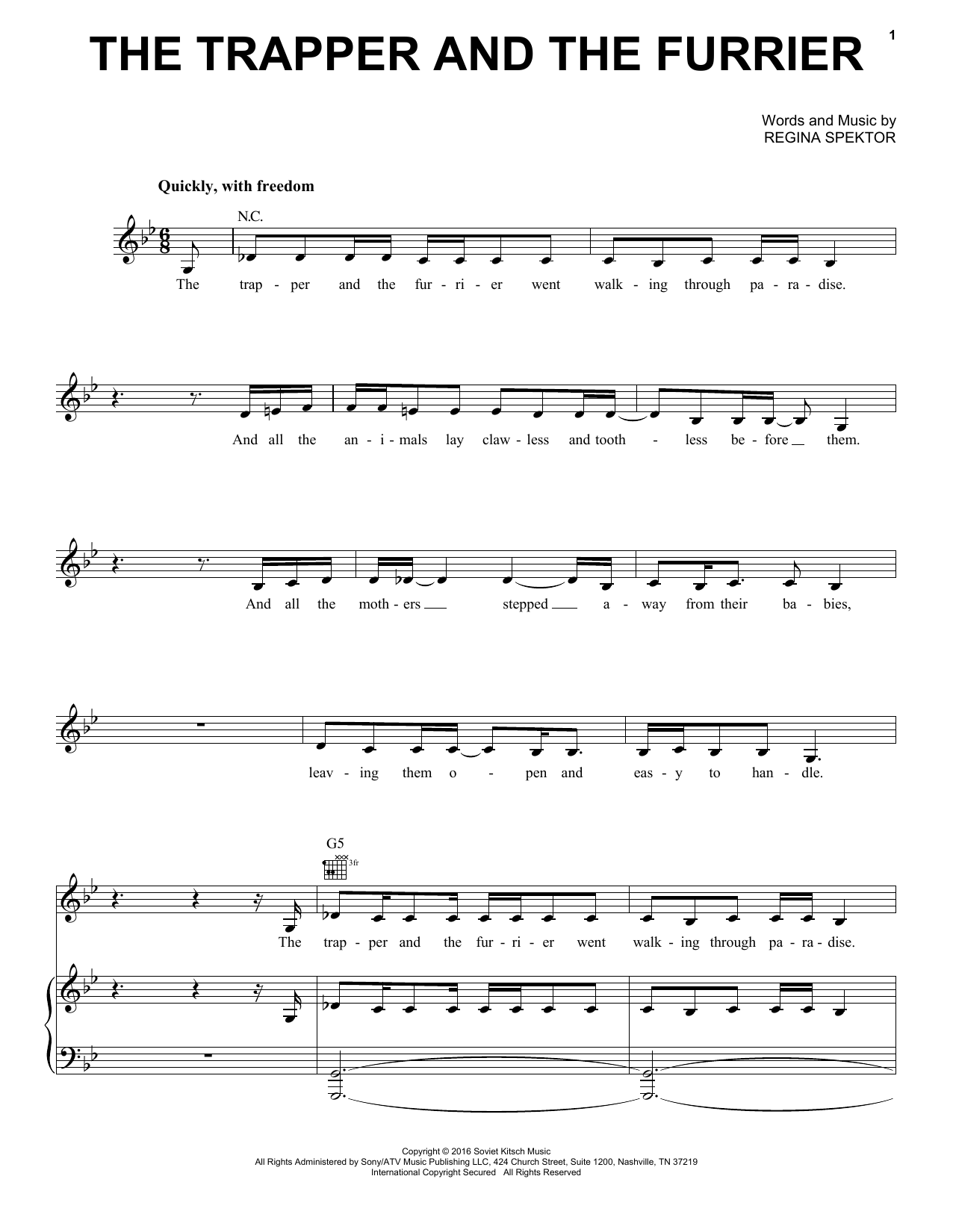 Download Regina Spektor The Trapper And The Furrier Sheet Music and learn how to play Piano, Vocal & Guitar Chords (Right-Hand Melody) PDF digital score in minutes