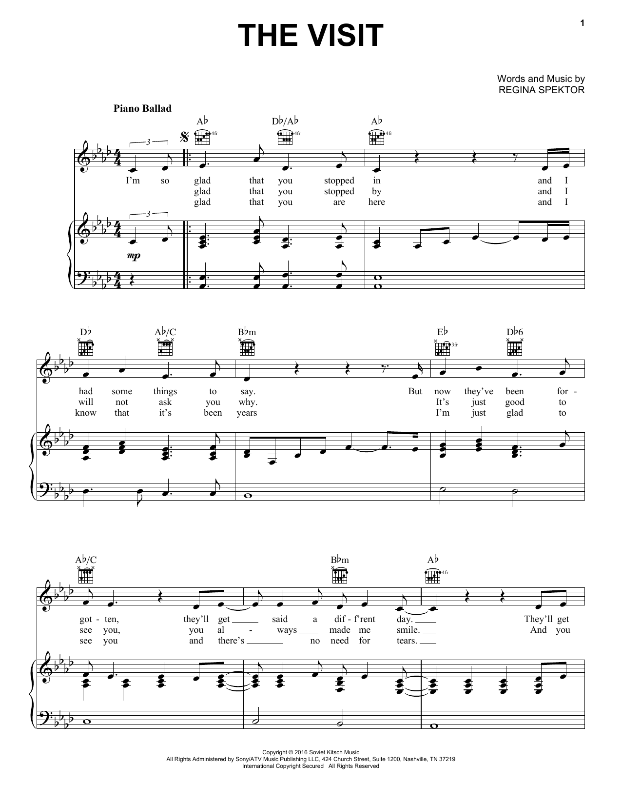 Download Regina Spektor The Visit Sheet Music and learn how to play Piano, Vocal & Guitar Chords (Right-Hand Melody) PDF digital score in minutes