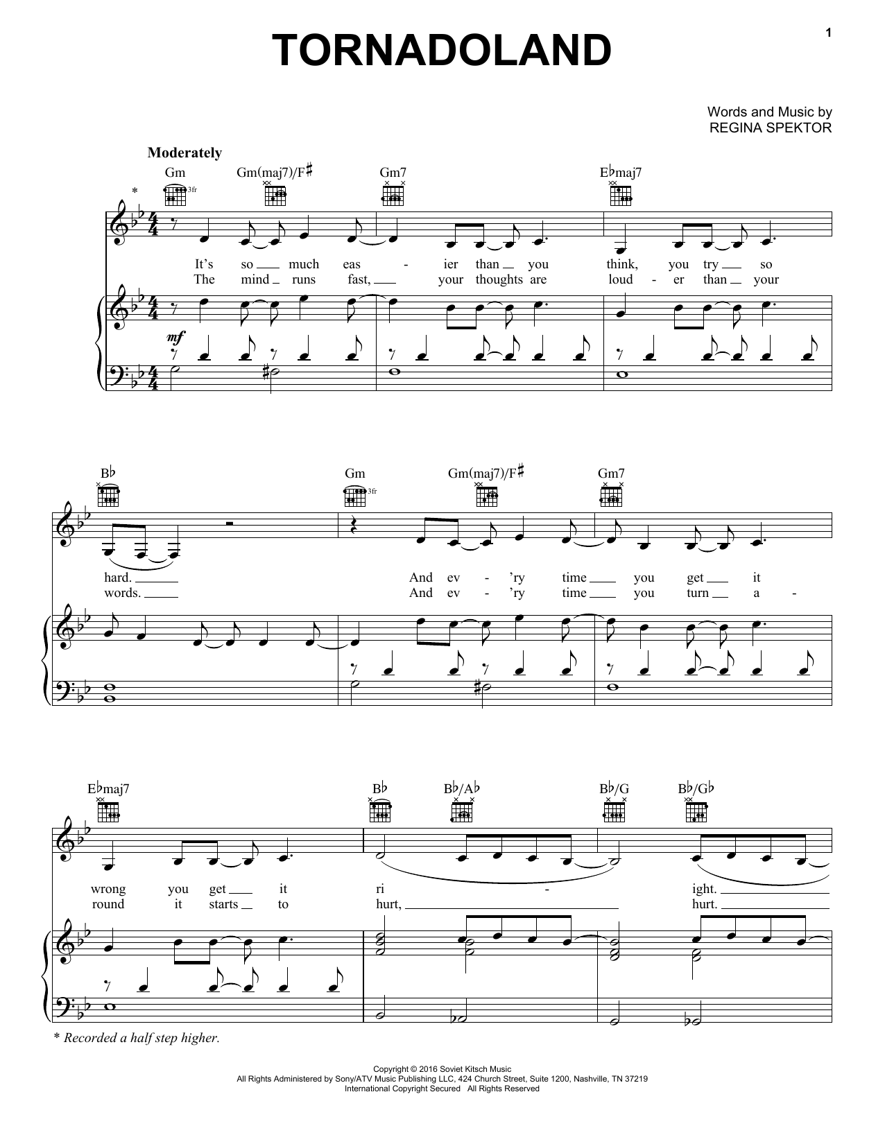 Download Regina Spektor Tornadoland Sheet Music and learn how to play Piano, Vocal & Guitar Chords (Right-Hand Melody) PDF digital score in minutes