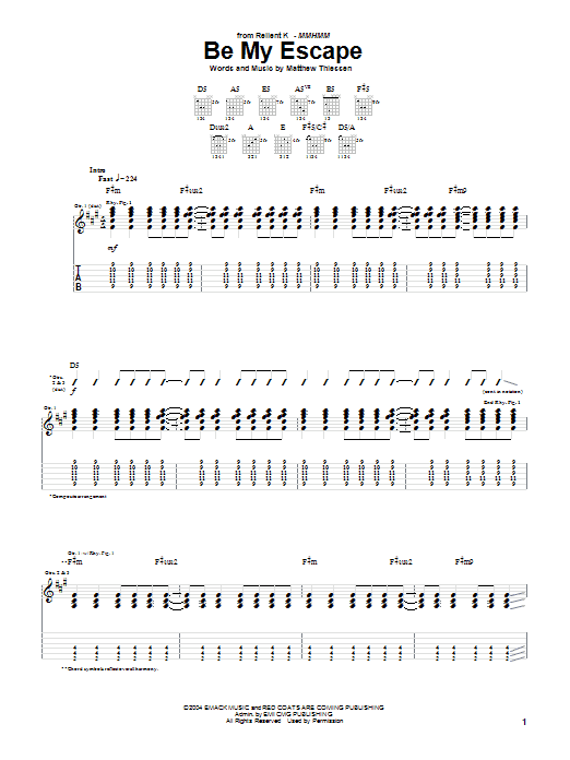 Download Relient K Be My Escape Sheet Music and learn how to play Guitar Tab Play-Along PDF digital score in minutes